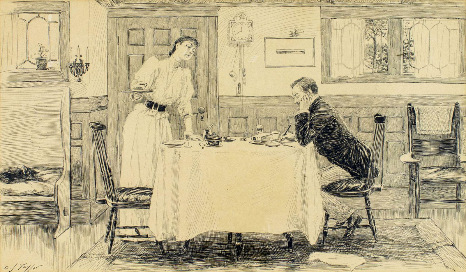 Charles Taylor (NY,1855-1929) ink painting antique: ARTIST: Charles Jay Taylor (New York, 1855 - 1929) NAME: The Poet at the Breakfast Table MEDIUM: ink on paper CONDITION: Some age toning. Framed under glass. Minor damages to frame. SIGHT SIZE: 9 x 15