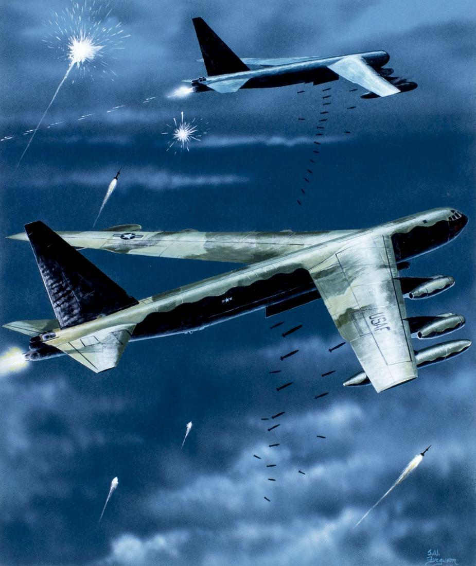 Steve Ferguson (US,b 1946) gouache painting: ARTIST: Steve Ferguson (American, born 1946) NAME: Plane - B-52D Stratofortress YEAR: 1993 MEDIUM: gouache on board CONDITION: Excellent. SIGHT SIZE: 16 x 14 inches / 40 x 35 cm BOARD SIZE: 20 x 15 in