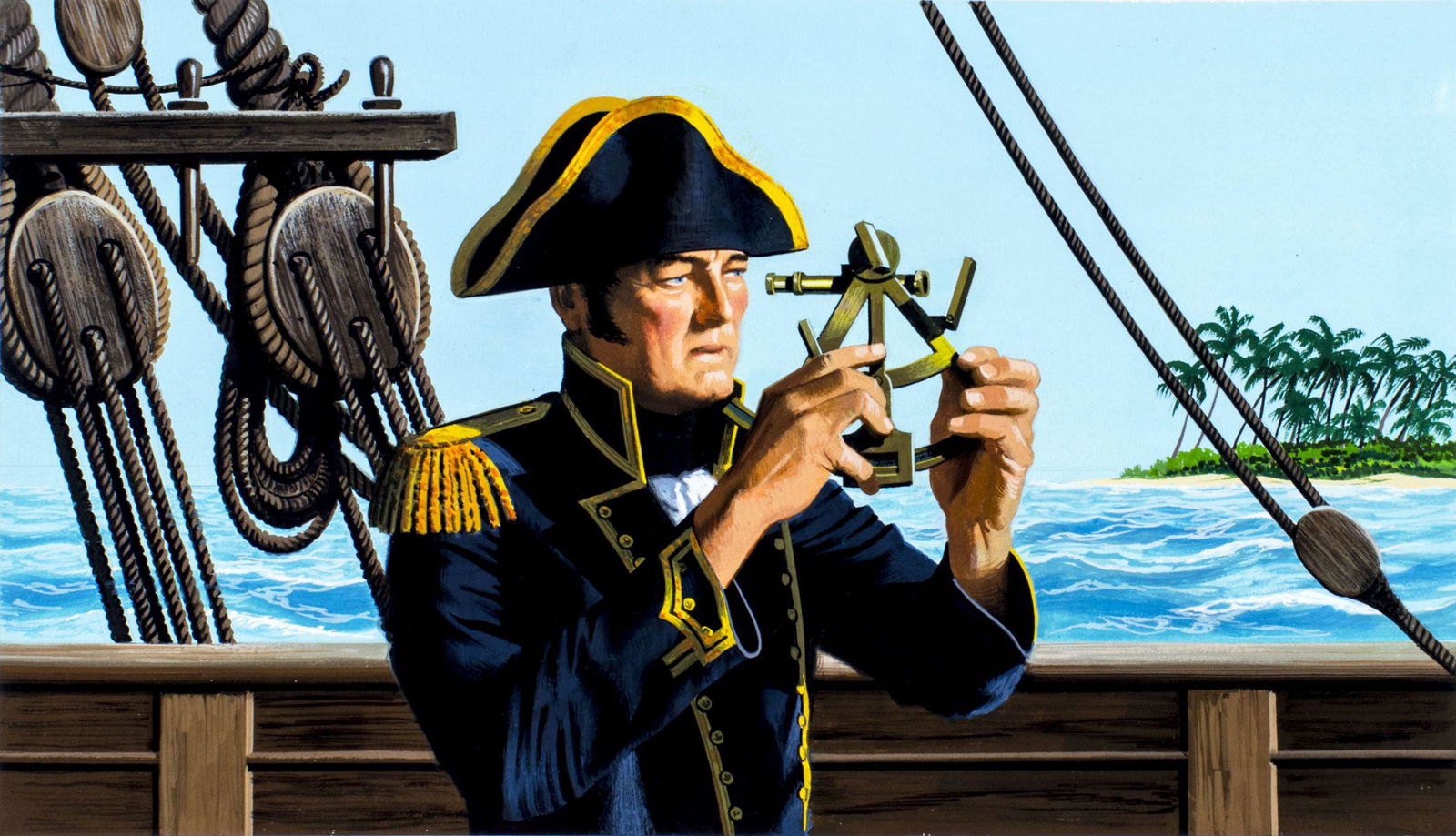 Dean Ellis (NY,1920-2009) gouache painting: ARTIST: Dean Ellis (New York, 1920 - 2009) NAME: British Captain John Marshall YEAR: 1995 MEDIUM: gouache on board CONDITION: Excellent. SIGHT SIZE: 9 x 15 inches / 22 x 38 cm BOARD SIZE: 11 x 17 inch