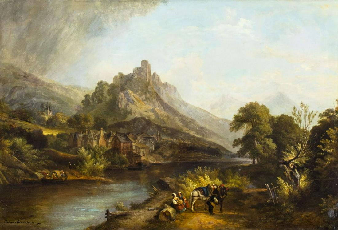 Andreas Achenbach (CA,German,1815-1910) oil painting antique: ARTIST: Andreas Achenbach (California, Germany, 1815 - 1910) NAME: Riverside Village Landscape YEAR: 1879 MEDIUM: oil on canvas CONDITION: Relined. Very minor craquelure. Some scattered inpaintings. S