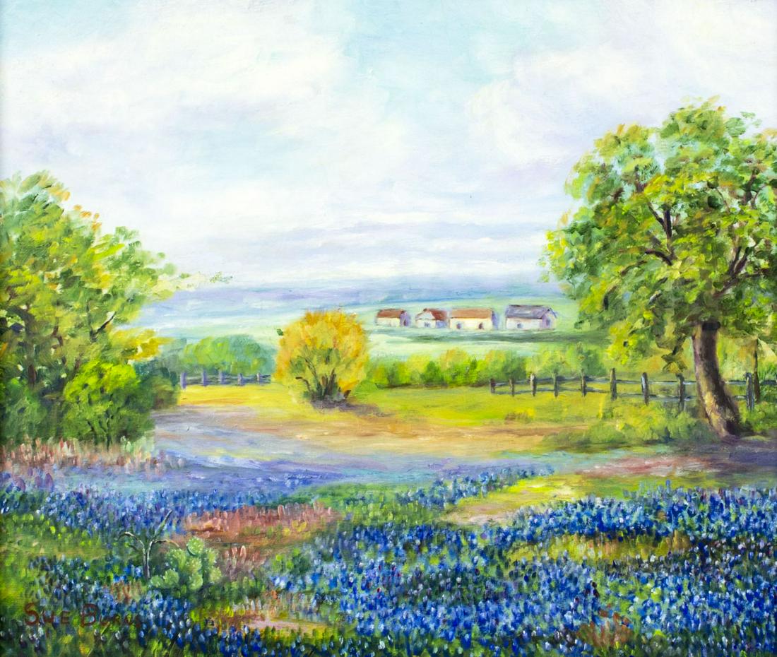 Sue Burns (TX,mid 20C) oil painting: ARTIST: Sue Burns (Texas, mid 20 century) NAME: Bluebonnets Landscape YEAR: 1968 MEDIUM: oil on canvas CONDITION: Some paint losses mostly in middle left area. Minor craquelure. No visible inpaint und