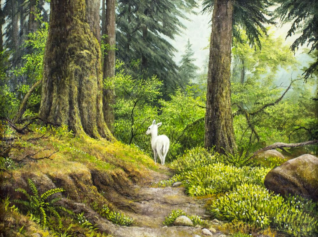 James E Faulkner (CO,IL,b 1945) oil painting: ARTIST: James (Jim) E Faulkner (Colorado, Illinois, born 1945) NAME: Rain Forest Landscape (titled on stretcher) MEDIUM: oil on canvas CONDITION: Very good. No visible inpaint under UV light. SIGHT SI