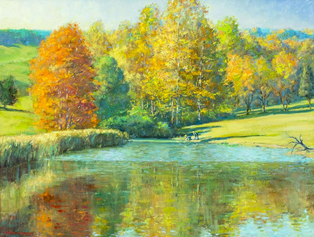 Grant Christian (IN,1911-1989) oil painting: ARTIST: Grant Wright Christian (Indiana, 1911 - 1989) NAME: Landscape - Prince's Pond (titled on verso) YEAR: 1986 MEDIUM: oil on canvas CONDITION: Very good. No visible inpaint under UV light. SIGHT