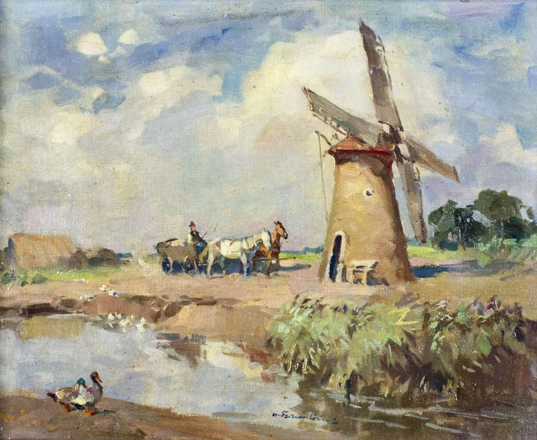 Lorinc Farkas (Hungary,1898-1973) oil painting: ARTIST: Lorinc Farkas Csallokozi (Hungarian, 1898-1973) NAME: Landscape with Windmill MEDIUM: oil on canvas CONDITION: Very good. No visible inpaint under UV light. SIGHT SIZE: 16 x 20 inches / 40 x 5