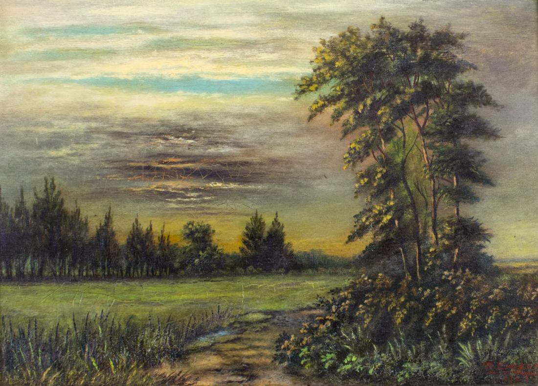 R Eveaux (France,UK,early 20C) oil painting antique: ARTIST: R Eveaux (French, British, early 20 century) NAME: Sunset Landscape - Southampton Commons (titled on label) YEAR: 1928 MEDIUM: oil on canvas CONDITION: Some stable craquelure. No visible inpai