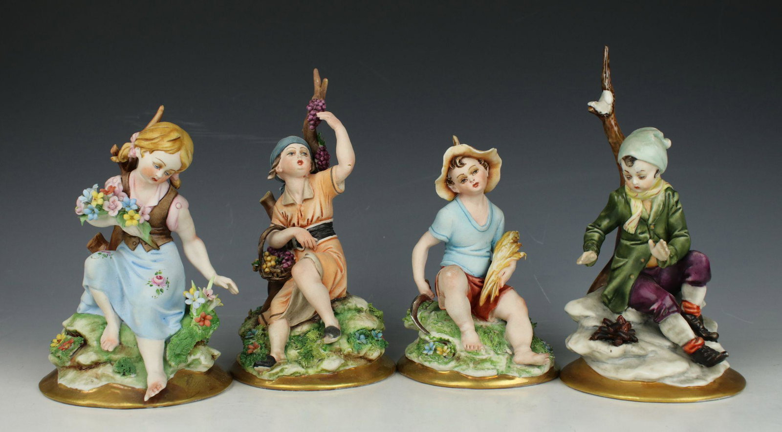 Capodimonte IPA set of 4 figurines "Four Seasons": MANUFACTURE: IPA (Italy) NAME: Four Seasons YEAR: 1960-s CONDITION: Tip of one branch was restored. Minor damages of flowers. NO BOX. HEIGHT: 7 inch / 17 cm WIDTH: 3 1/2 inch / 9 cm DEEP: 3 1/2 inch /