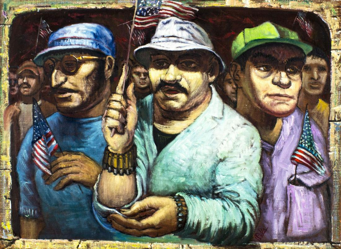 Albert Pels (NY,OH,1910-1998) oil painting: ARTIST: Albert Pels (New York, Ohio, 1910 - 1998) NAME: Veterans Day Parade (titled on verso) YEAR: 1986 MEDIUM: oil on canvas CONDITION: Restretched. Very good. No visible inpaint under UV light. SIG