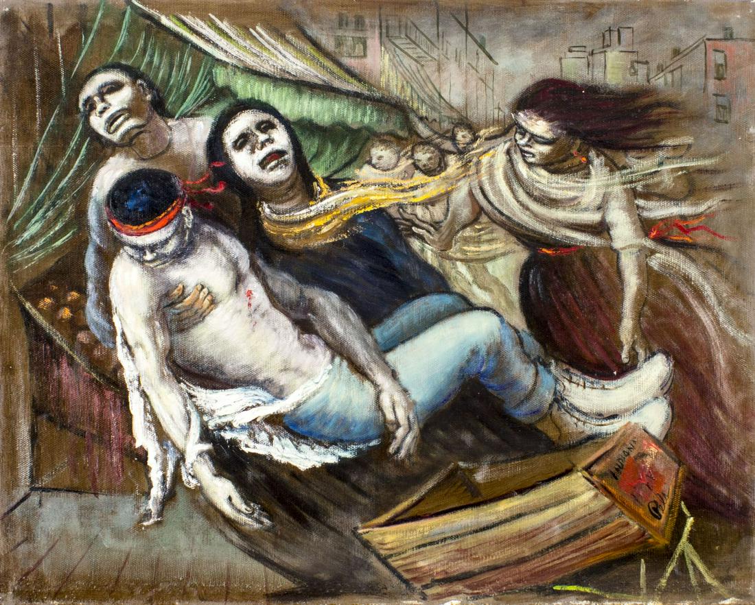 Albert Pels (NY,OH,1910-1998) oil painting: ARTIST: Albert Pels (New York, Ohio, 1910 - 1998) NAME: Shootout Victim (titled on verso) MEDIUM: oil on canvas CONDITION: Unmounted. Missing a few flakes of paint. No visible inpaint under UV light.