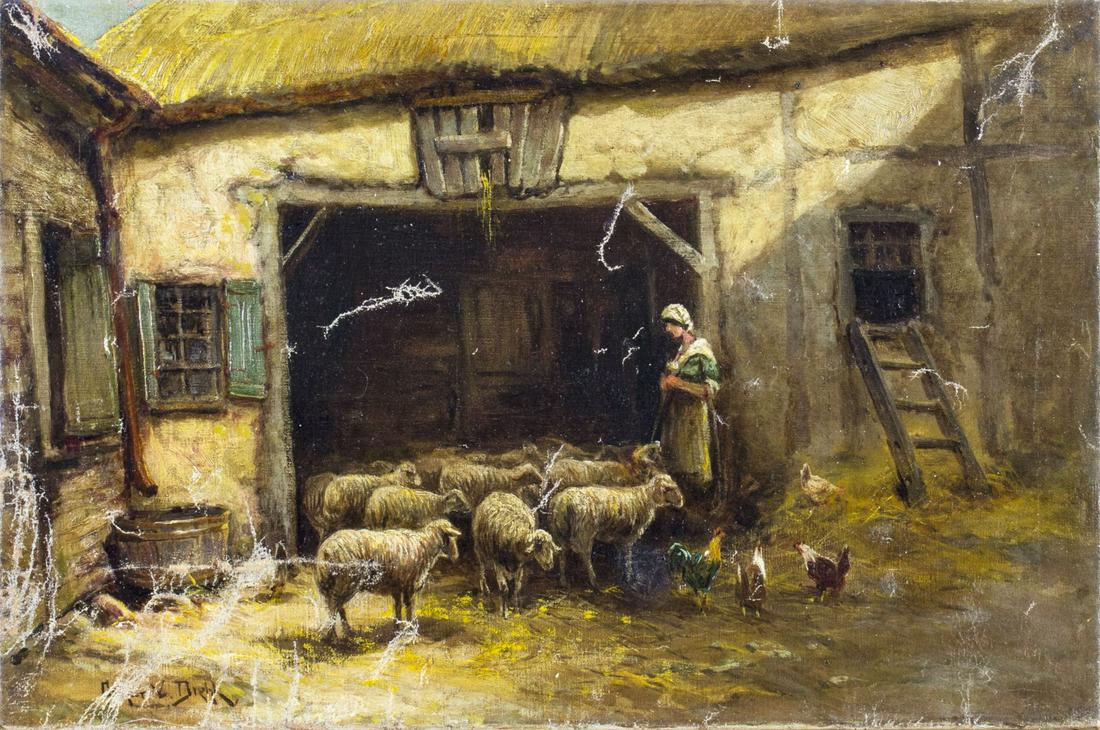 Arthur Diehl (MA,NY,UK,1870-1929) oil painting antique: ARTIST: Arthur Vidal Diehl (Massachusetts, New York, british, 1870 - 1929) NAME: Barnyard Scene MEDIUM: oil on canvas CONDITION: Relined. Restretched. Some paint losses (see pictures carefully). AS IS