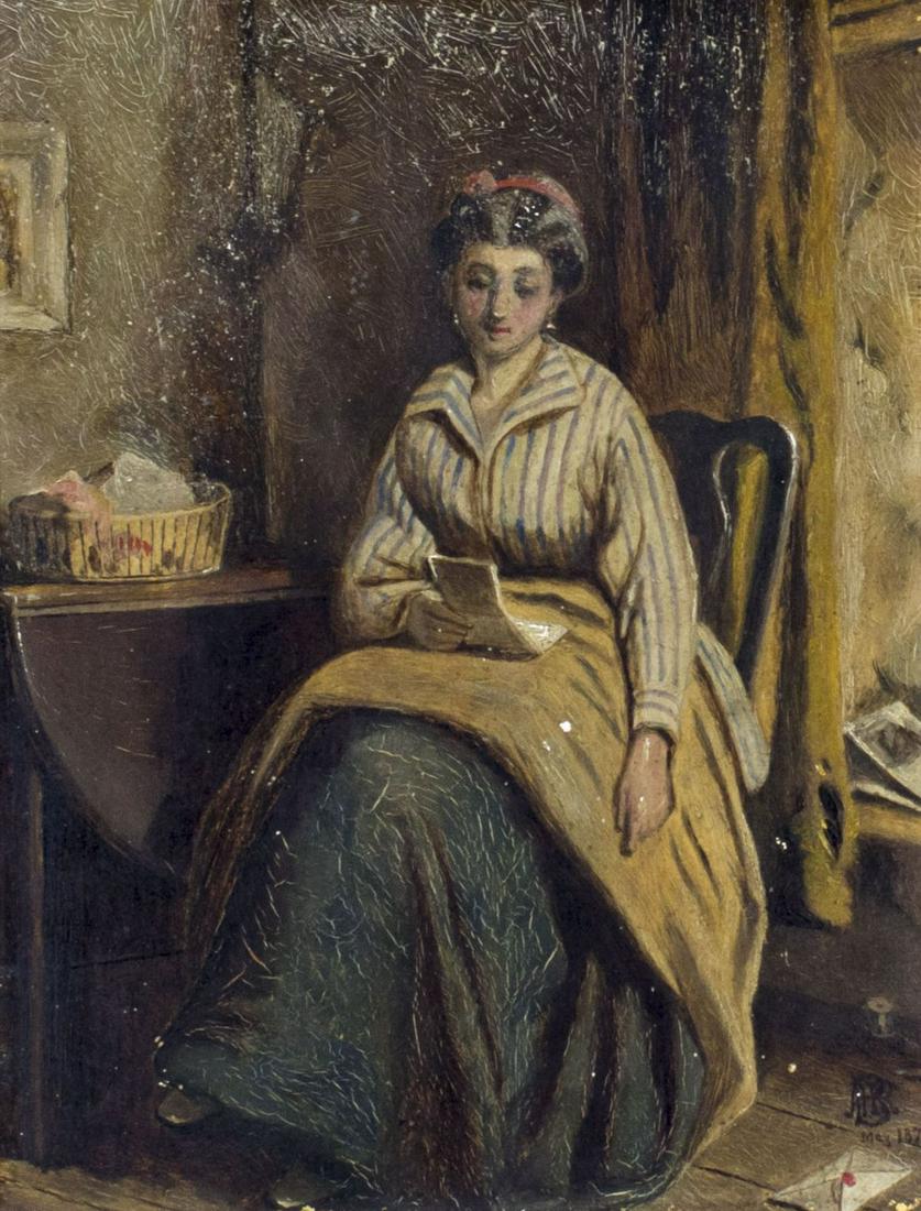Antique 19C British oil painting: ARTIST: - (British, 19 century) NAME: Woman Reading Letter YEAR: 1877 MEDIUM: oil on board CONDITION: Missing few flakes of paint. Some craquelure. No visible inpaint under UV light. Wear to frame. SI