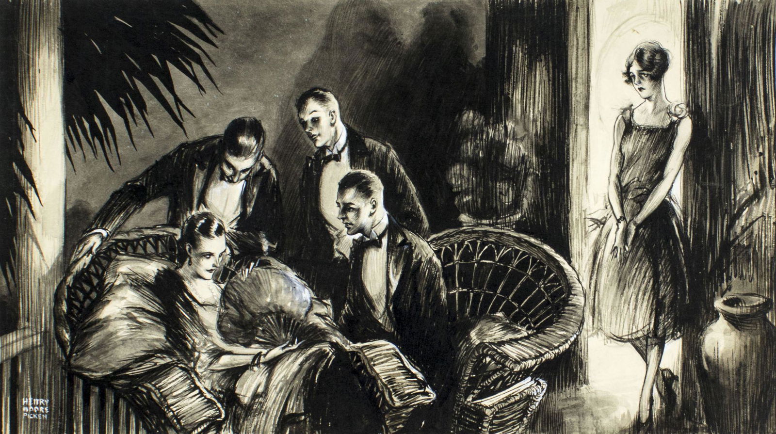 Henry Moore Picken (US,early 20C) gouache painting: ARTIST: Henry Moore Picken (American, early 20 century) NAME: Illustration YEAR: early 20 century MEDIUM: gouache on board CONDITION: Some damages to edges of board. Some age toning. SIGHT SIZE: 9 x 1