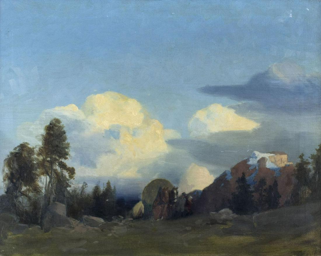 Clarence Braley (MA,1854-1927) oil painting antique: ARTIST: Clarence E Braley (Massachusetts, 1854 - 1927) NAME: Landscape with Horse Drawn Wagon YEAR: 1916 MEDIUM: oil on canvas CONDITION: Few very minor scratches. Minor craquelure. No visible inpaint