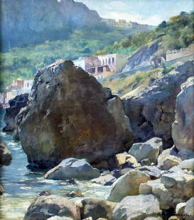 August Achtenhagen (German,1865-1938) oil painting antique: ARTIST: August Achtenhagen (Germany, 1865 - 1938) NAME: Town by Rocky Waters MEDIUM: oil on canvas. Canvas applied to board. CONDITION: Very good. No visible inpaint under UV light. SIGHT SIZE: 18 x 1