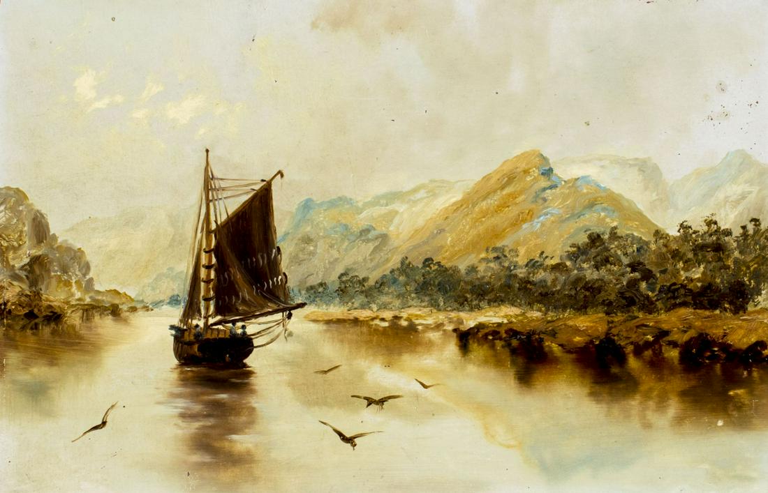 Antique 19C American oil painting: ARTIST: - (American, 19 century) NAME: Landscape with Sail Boat YEAR: circa 1900 MEDIUM: oil on board CONDITION: Minor paint losses along edges. No visible inpaint under UV light. SIGHT SIZE: 8 x 12 i
