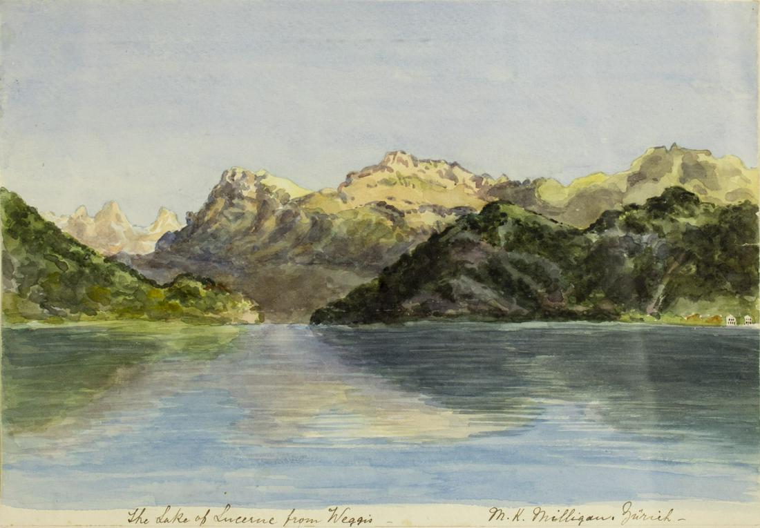 M K Milligan (Swiss,19/20C) watercolor painting antique: ARTIST: M K Milligan (Switzerland, 19/20 century) NAME: The Lake of Lucerne from Weggis YEAR: circa 1900 MEDIUM: watercolor on paper CONDITION: Excellent. Minor age toning. Framed under glass. SIGHT S