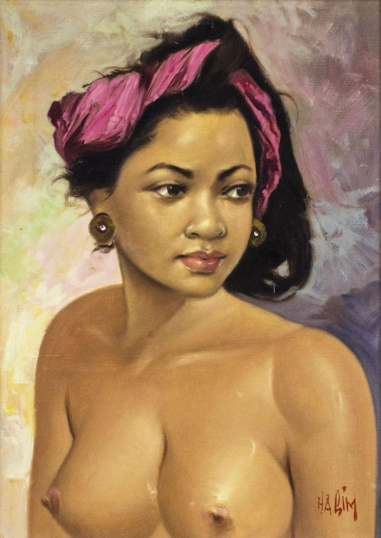 Hasim (Indonesia,1921-1982) oil painting: ARTIST: Hasim (Indonesian, 1921 - 1982) NAME: Nude Indonesian Woman MEDIUM: oil on canvas CONDITION: Few minor scrathes. No visible inpaint under UV light. SIGHT SIZE: 19 x 14 inches / 48 x 35 cm FRAM