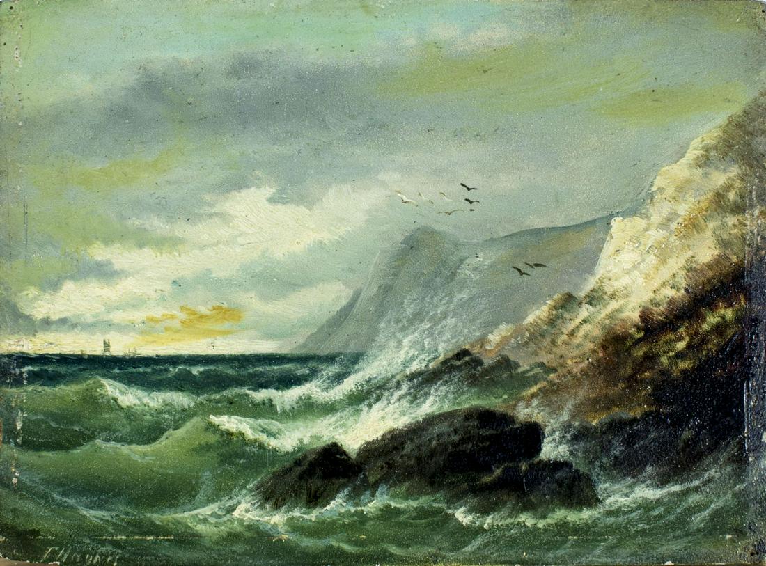 Frederick Haynes (UK,1832-1897) oil painting antique: ARTIST: Frederick Haynes (British, 1832 - 1897) NAME: Seascape MEDIUM: oil on board CONDITION: Very good. Minor damage to lower left corner. One small inpainted area in the sky. SIGHT SIZE: 6 x 8 inch