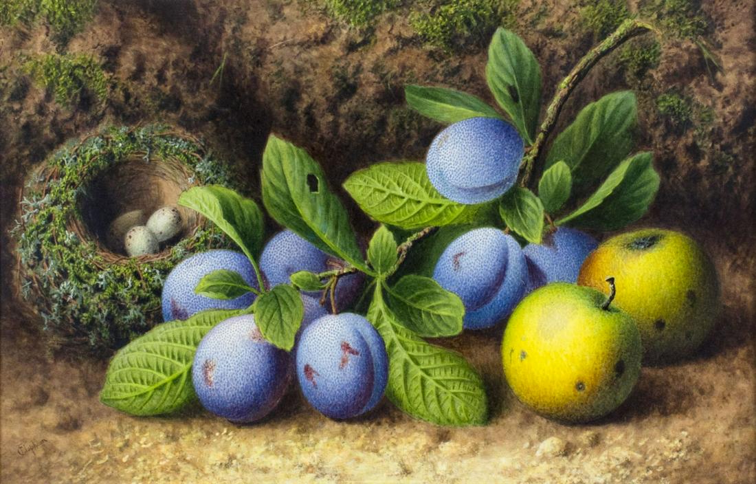 James T Clapham (UK,1862-1868) watercolor painting antique: ARTIST: James T Clapham (British, fl. 1862 - 1868) NAME: Still Life with Fruits MEDIUM: watercolor on paper CONDITION: Very good. Some age toning. Framed under glass. SIGHT SIZE: 9 x 14 inches / 22 x 