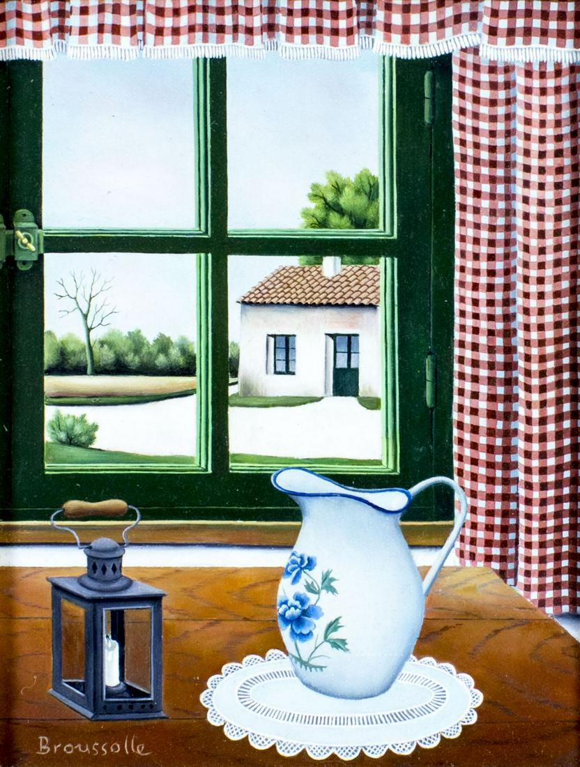 Robert Broussolle (France,1931-?) acrylic painting: ARTIST: Robert Broussolle (French, 1931 - ???) NAME: Fenetre Campagnarde (titled on verso) MEDIUM: acrylic on canvas CONDITION: Very good. Minor craquelure. No visible inpaint under UV light. SIGHT SI