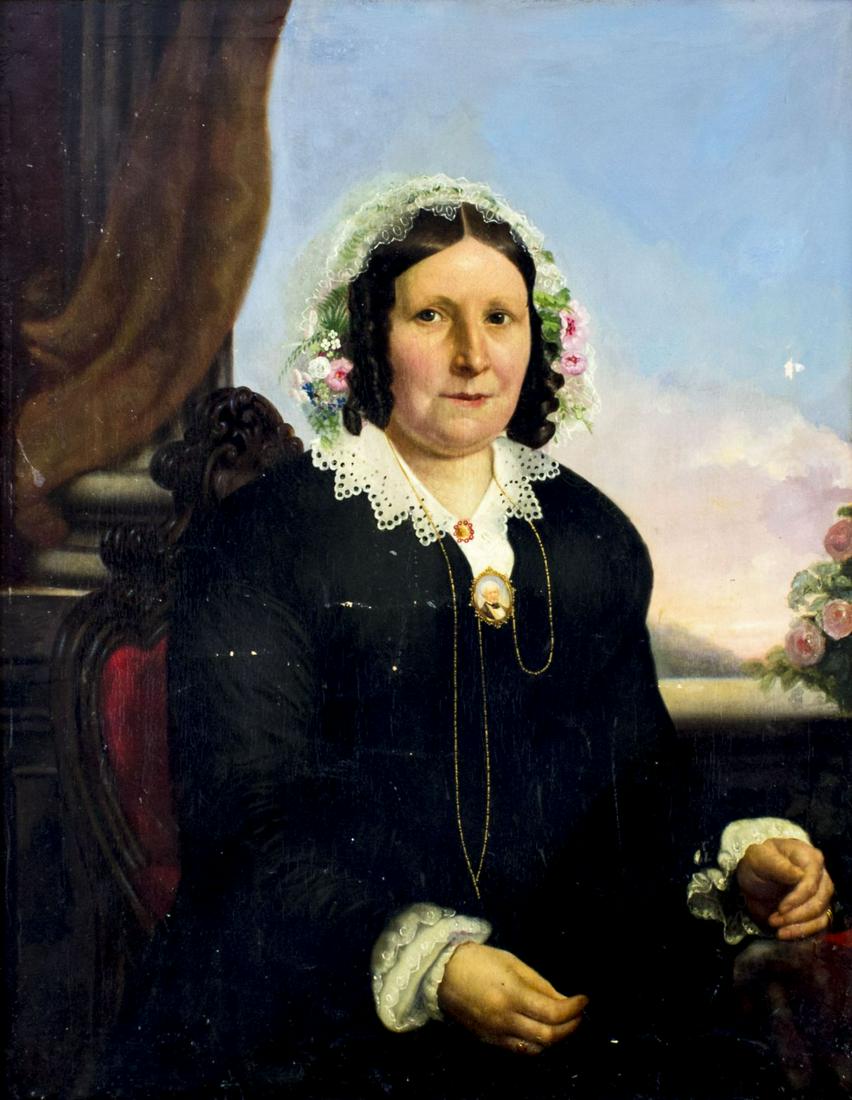 Antique 19C British oil painting: ARTIST: - (British, 19 century) NAME: Portrait of Old Woman MEDIUM: oil on canvas CONDITION: Two patches. Some small paint losses. Minor craquelure. Some scattered inpaitings mostly along edges and in