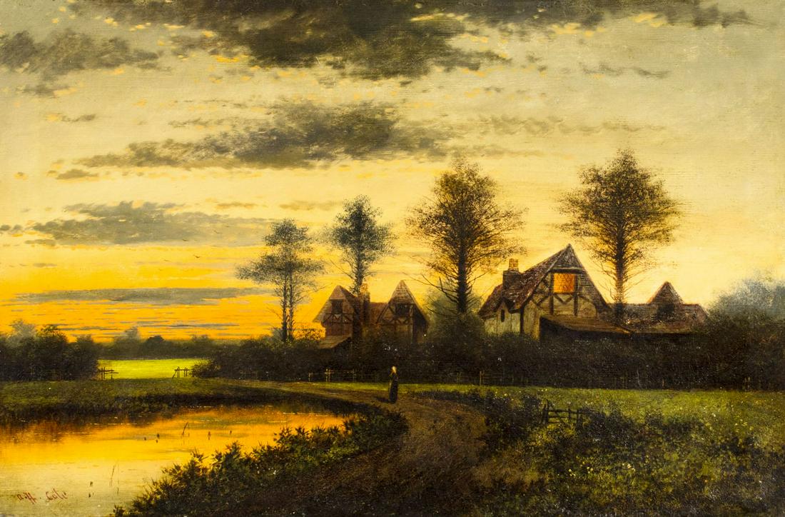 Arthur H Cole (UK,19C) oil painting antique: ARTIST: Arthur H Cole (British, 19 century) NAME: Sunset Country Landscape MEDIUM: oil on canvas CONDITION: Few minor paint losses. Very minor craquelure. No visible inpaint under UV light. SIGHT SIZE