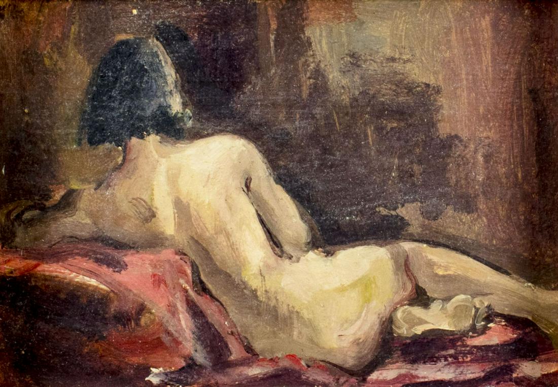 Ryo Takahashi (Japan, early 20C) oil painting antique: ARTIST: Ryo Takahashi (Japaneese, early 20 century) NAME: Reclining Nude MEDIUM: oil on board CONDITION: Missing a few flakes of paint. No visible inpaint under UV light. Wear to frame. SIGHT SIZE: 6