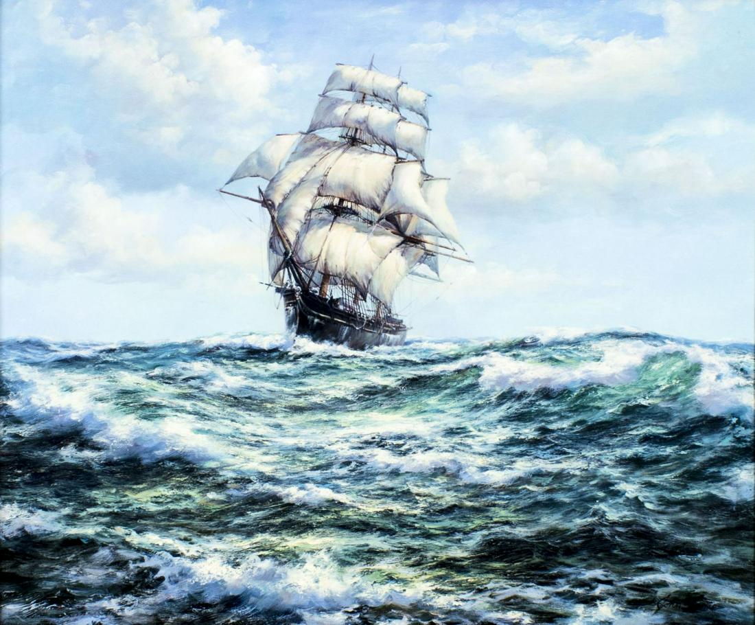 John Davis (US,20C) oil painting: ARTIST: John Davis (American, 20 century) NAME: Sail Ship MEDIUM: oil on canvas CONDITION: Very good. No visible inpaint under UV light. SIGHT SIZE: 20 x 24 inches / 50 x 60 cm FRAME SIZE: 29 x 33 inc