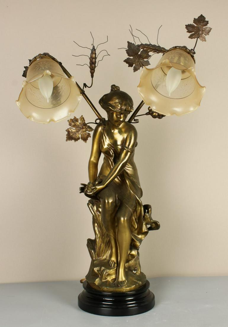 Alfred Foretay (1861-1944) Bronzed Spelter Art Nouveau: SCULPTOR: Alfred Jean Foretay (swiss, 1861-1944) NAME: Hirondelle Blessee CONDITION: Excellent. Some wear to patina. HEIGHT OF LAMP: 28 inch / 70 cm HEIGHT OF FIGURE: 22 inch / 55 cm WIDTH: 17 inch /