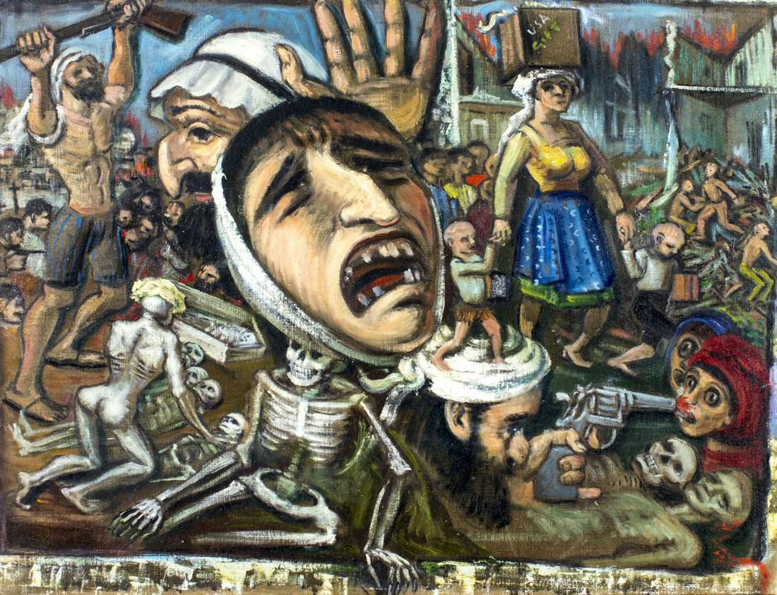 Albert Pels (NY,OH,1910-1998) oil painting: ARTIST: Albert Pels (New York, Ohio, 1910 - 1998) NAME: Arab Women have No Right, but to beat Children' (titled on verso) MEDIUM: oil on canvas CONDITION: Restretched. Very good. No visible inpaint un