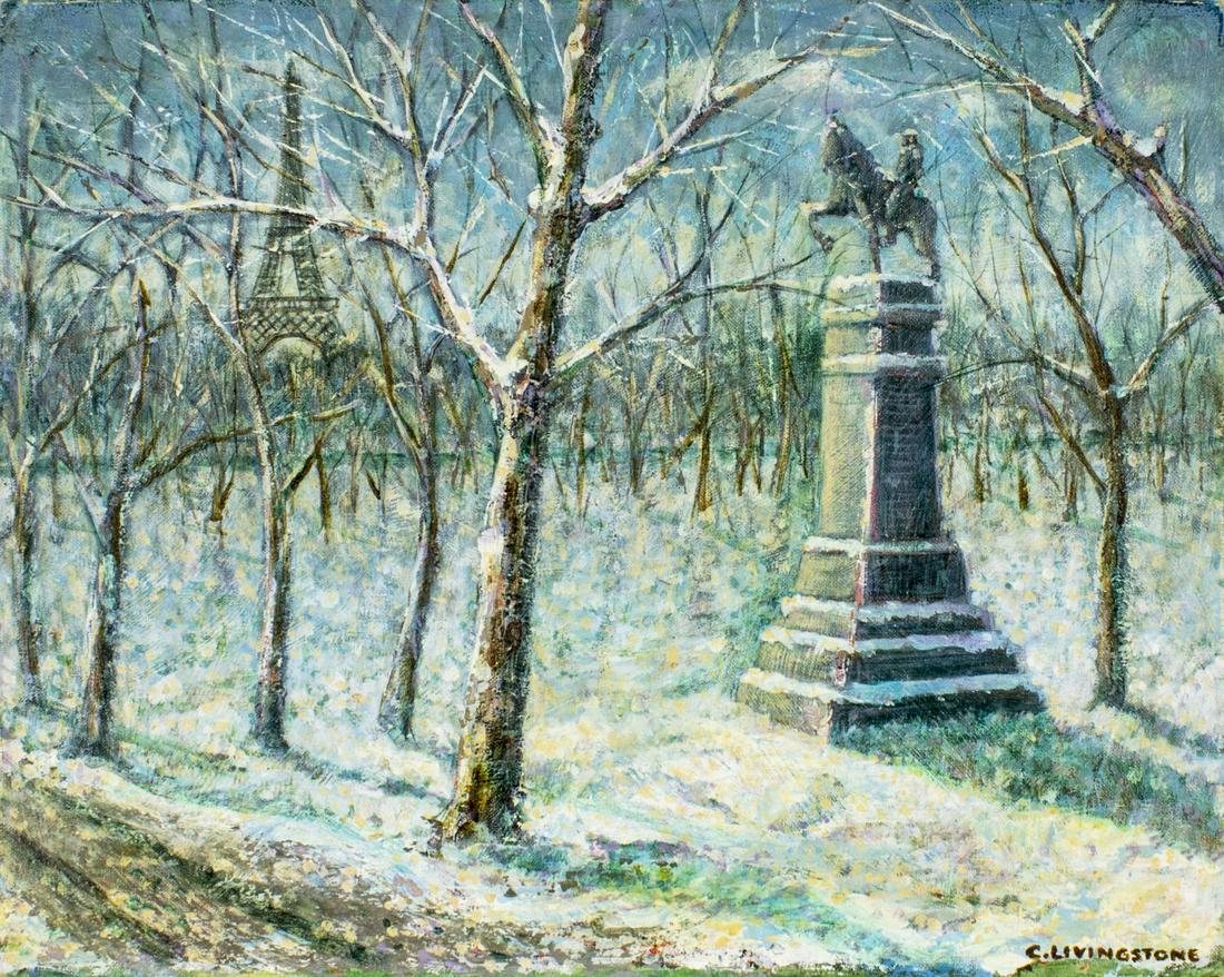 Charles W Livingstone (US,20C) oil painting: ARTIST: Charles W Livingstone (American, 20 century) NAME: Winter In Paris MEDIUM: oil on canvas board CONDITION: Very good. No visible inpaint under UV light. SIGHT SIZE: 16 x 20 inches / 40 x 50 cm 