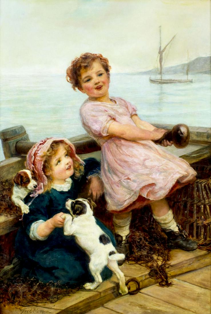 Fred Morgan (UK,1847-1927) oil painting antique: ARTIST: Fred (Frederick) Morgan (British, 1847 - 1927) NAME: Two Girls with Puppies MEDIUM: oil on canvas CONDITION: Relined. Some inpainting along lower edge. Some damages to frame. SIGHT SIZE: 39 x