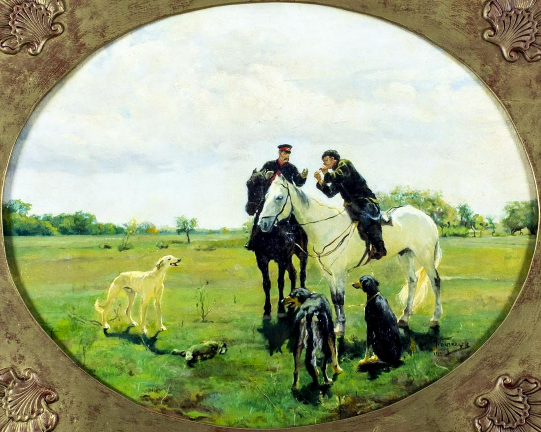 ATTR TO Nikolai Kuznetsov (Russia,1850-1930) oil painting antique: ARTIST: ATTRIBUTED TO Nikolai Dmitrievich Kouznetsov (Russian, Ukrainian, 1850 - 1930) NAME: On Leave YEAR: 1888 MEDIUM: oil on canvas CONDITION: Minor craquelure. No visible inpaint under UV light. S
