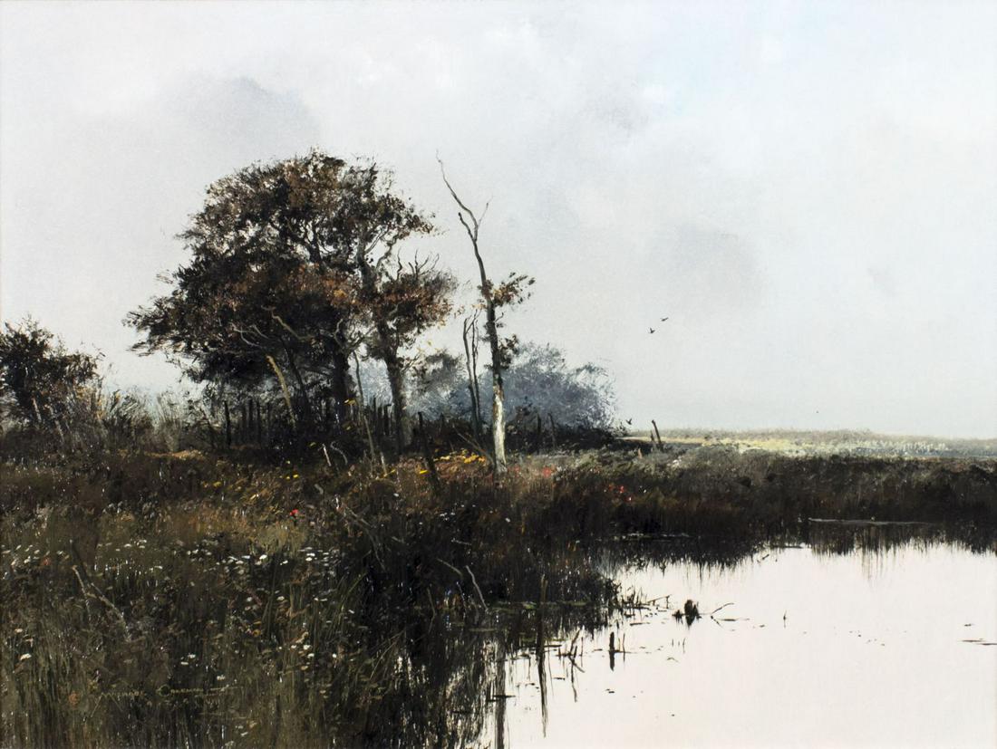 Michael Coleman (Utah,b 1946) oil painting: ARTIST: Michael B Coleman (Utah, born 1946) NAME: Pond Landscape MEDIUM: oil on board CONDITION: Excellent. No visible inpaint under UV light. SIGHT SIZE: 18 x 24 inches / 45 x 60 cm FRAME SIZE: 25 x