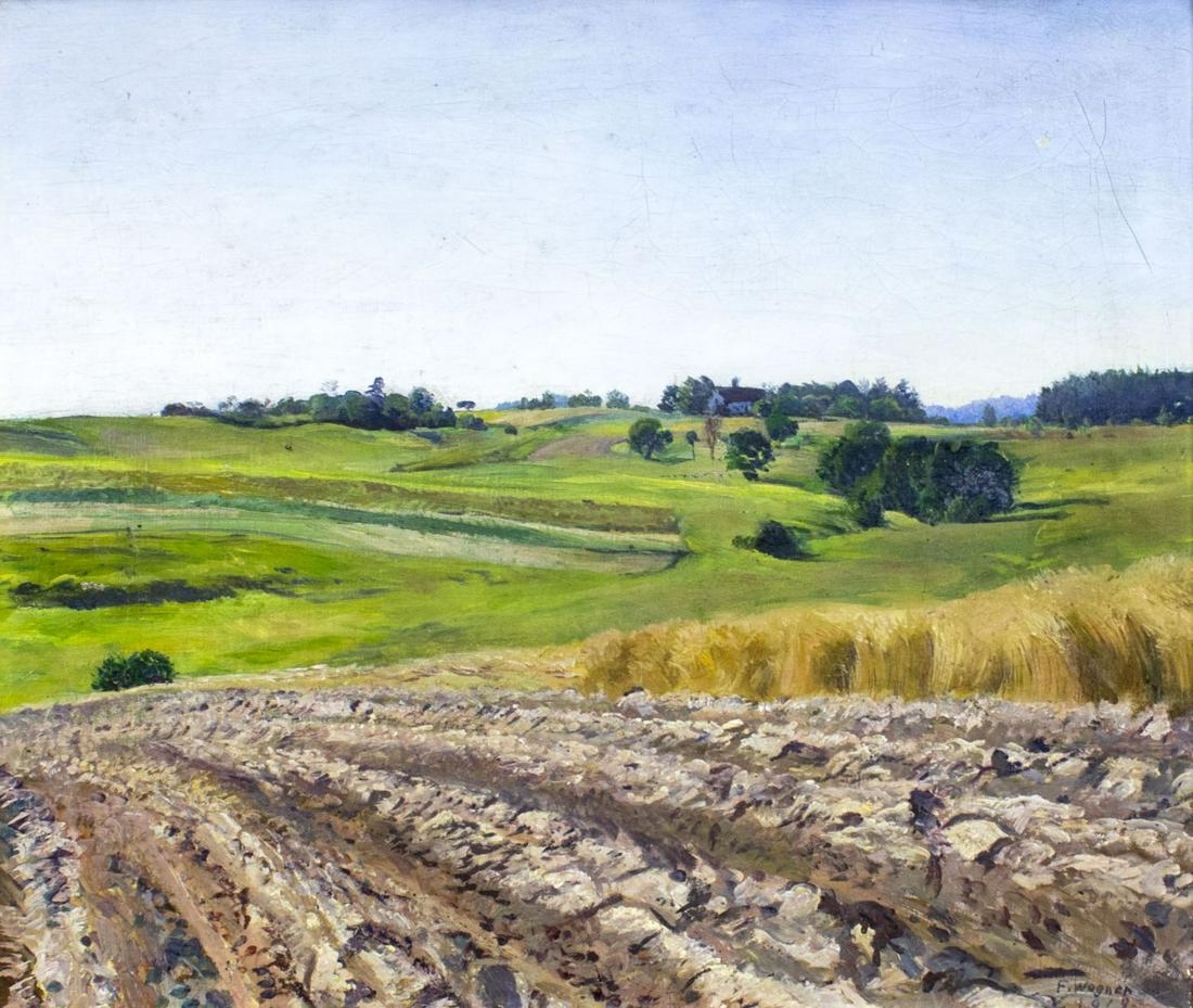 Frederick Wagner (PA,1864-1940) oil painting antique: ARTIST: Frederick R Wagner (Pennsylvania, 1864 - 1940) NAME: Country Landscape YEAR: 1919 MEDIUM: oil on canvas CONDITION: Some small paint losses mostly along edges. Some craquelure. Few very small s