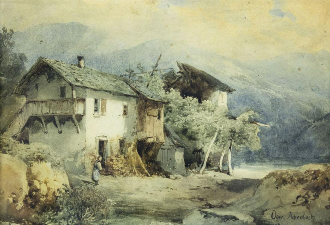 Oswald Achenbach (German,1827-1905) watercolor painting antique: ARTIST: Oswald Achenbach (Germany, 1827 - 1905) NAME: Landscape with House MEDIUM: watercolor on paper CONDITION: Minor foxing. Some age toning. Framed under glass. Minor damages to frame. SIGHT SIZE: