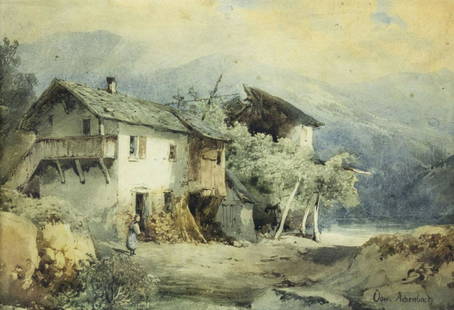Oswald Achenbach (German,1827-1905) watercolor painting antique: ARTIST: Oswald Achenbach (Germany, 1827 - 1905) NAME: Landscape with House MEDIUM: watercolor on paper CONDITION: Minor foxing. Some age toning. Framed under glass. Minor damages to frame. SIGHT SIZE: