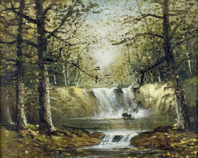 Mary Elizabeth King (CA,DC,MO,1899-1991) oil painting: ARTIST: Mary Elizabeth King (California, District Of Columbia, Missouri, 1899-1991) NAME: Waterfall Landscape MEDIUM: oil on canvas CONDITION: Very minor craquelure. No visible inpaint under UV light.