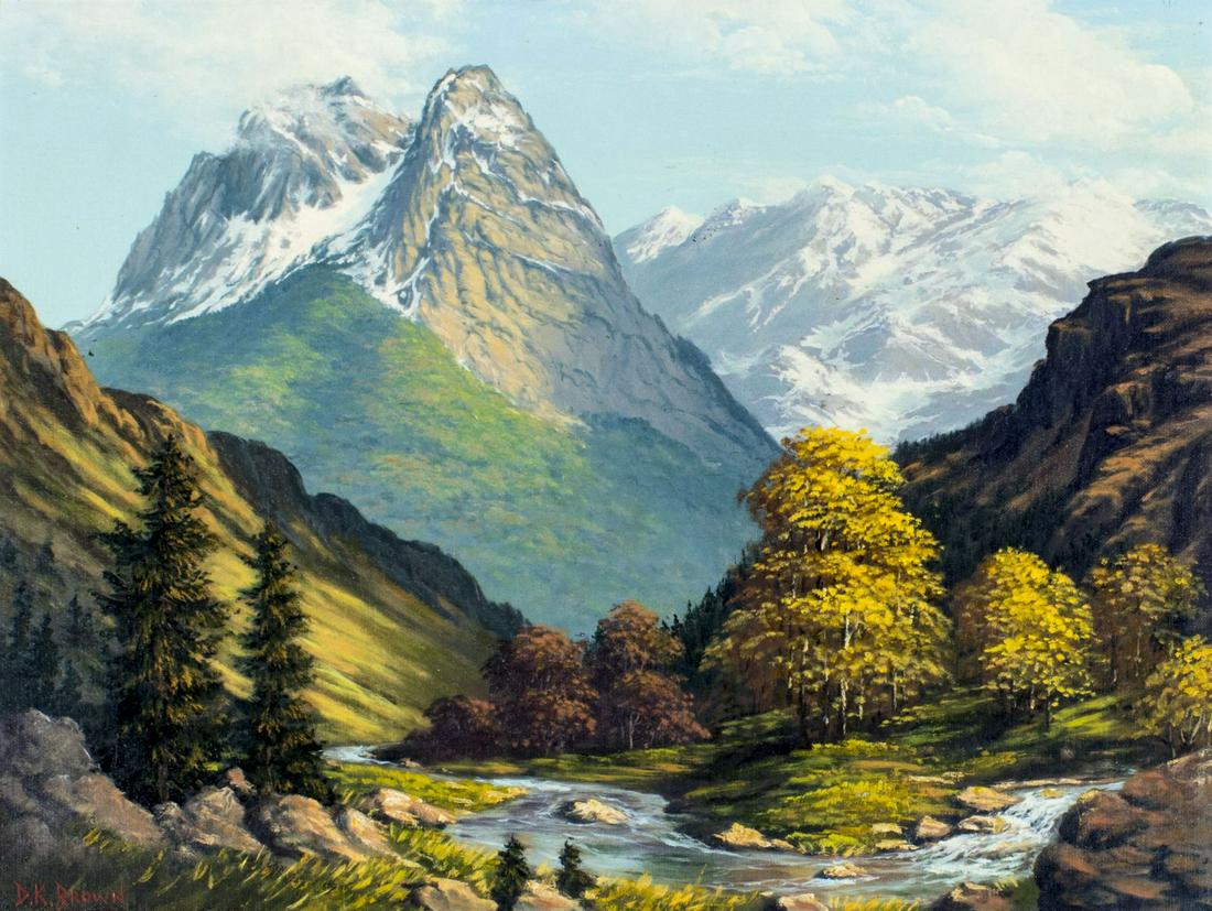 D K Brown (WY,20C) oil painting: ARTIST: D K Brown (Wyoming, 20 century) NAME: Mountain Landscape - Teton MEDIUM: oil on canvas board CONDITION: Very good. No visible inpaint under UV light. SIGHT SIZE: 18 x 24 inches / 45 x 60 cm FR