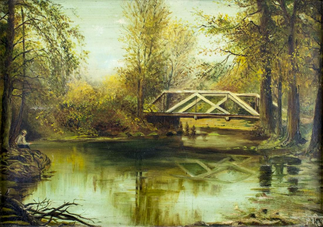 Antique 19C British oil painting: ARTIST: - (British, 19 century) NAME: River Landscape with Bridge YEAR: 1890s MEDIUM: oil on board CONDITION: Overall good. No visible inpaint under UV light. Minor damages to frame. SIGHT SIZE: 14 x 
