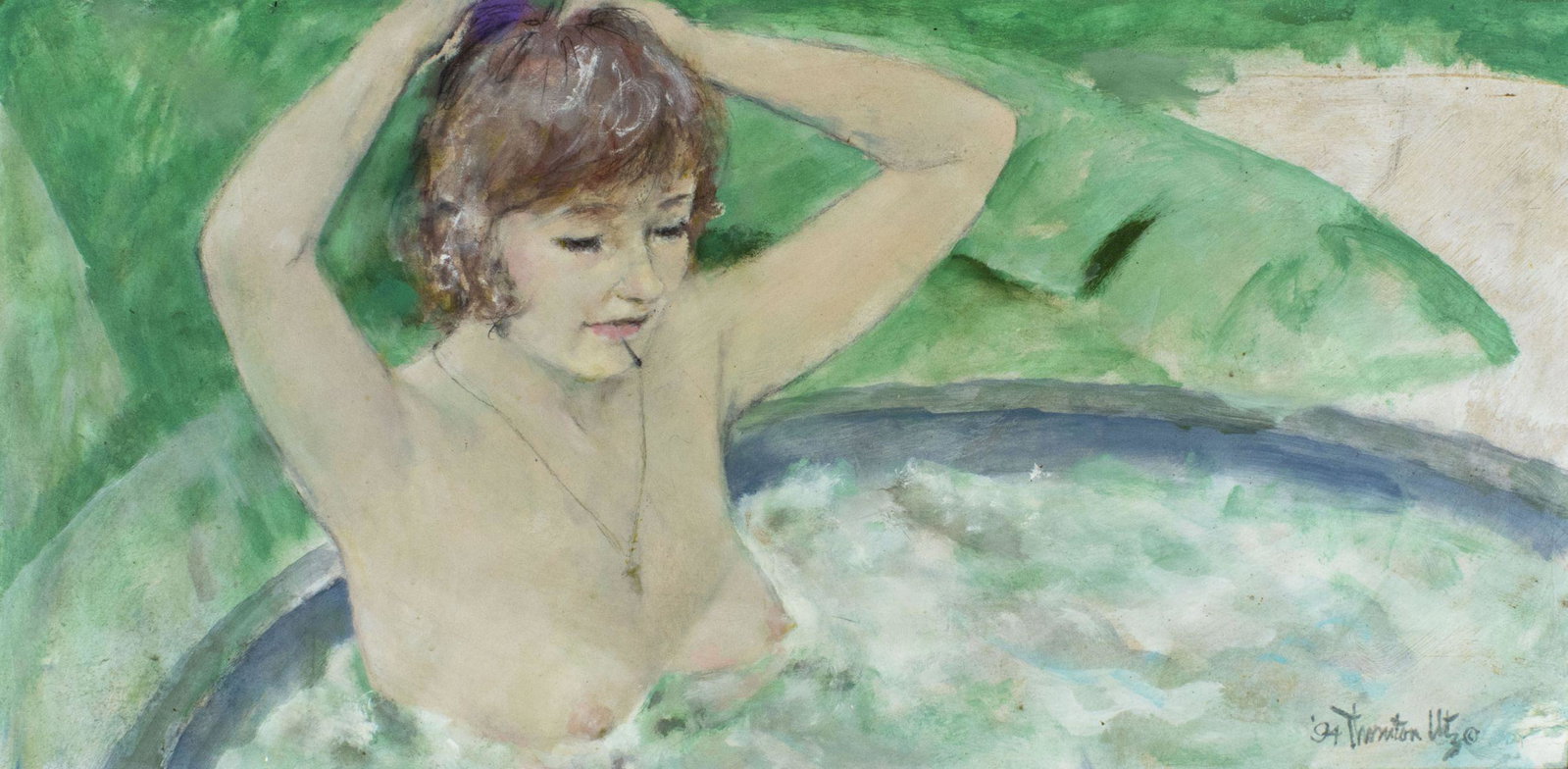 Thornton Utz (FL,TN,1914-1999) oil painting: ARTIST: Thornton Utz (Florida, Tennessee, 1914 - 1999) NAME: Nude Fixing Her Hair YEAR: 1994 MEDIUM: oil on board CONDITION: Very good. No visible inpaint under UV light. SIGHT SIZE: 15 x 30 inches / 