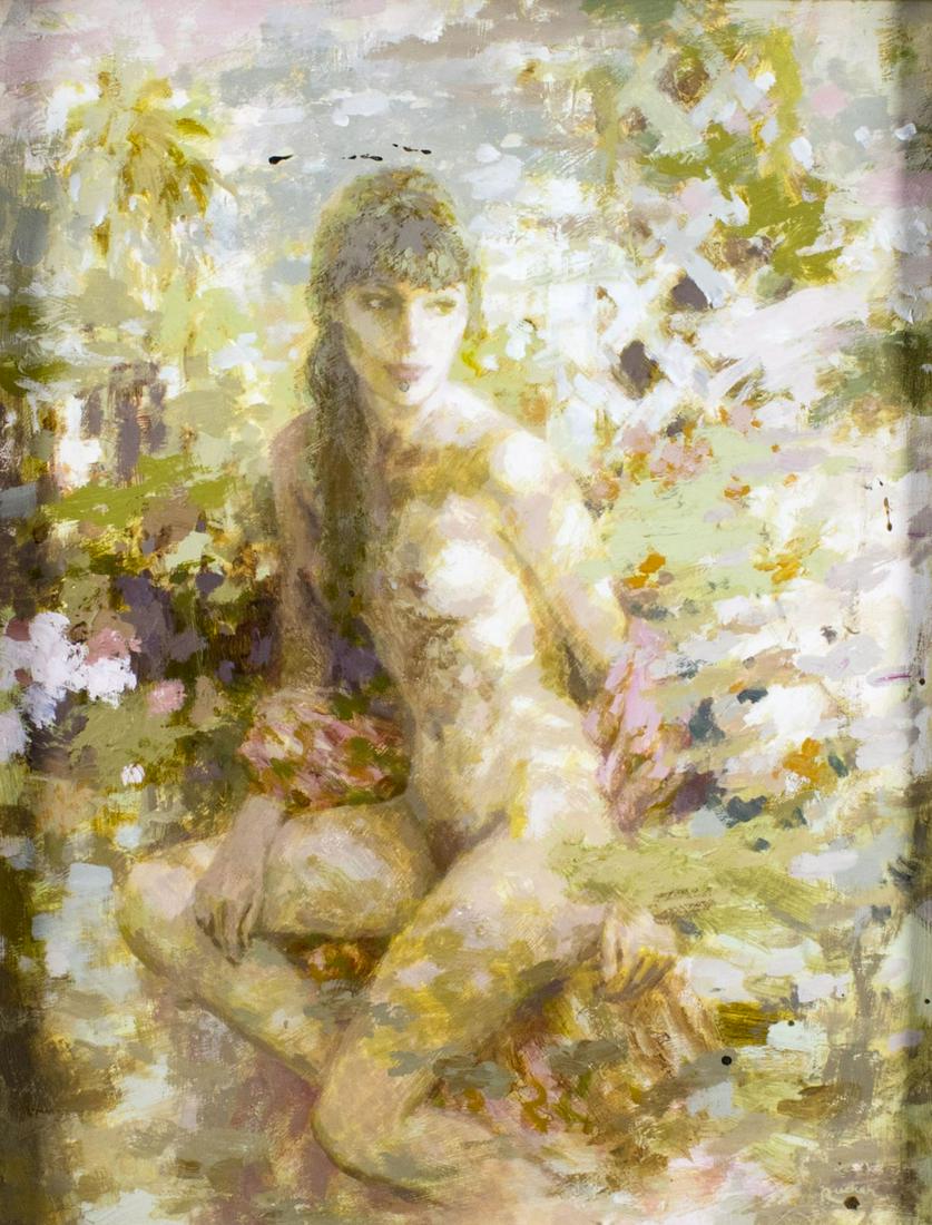 Harrison Rucker (NC,1930-2020) oil painting: ARTIST: Harrison Rucker (North Carolina, 1930 - 2020) NAME: Nude MEDIUM: oil on board CONDITION: Few scattered dark spots. No visible inpaint under UV light. Minor damages to frame. SIGHT SIZE: 22 x 1