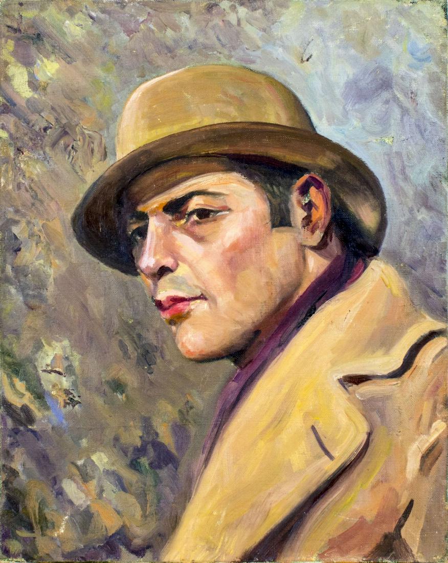 Vintage mid 20C American oil painting portrait: ARTIST: - (American, mid 20 century) NAME: Portrait of Man with Hat MEDIUM: oil on canvas CONDITION: Few small paint losses. No visible inpaint under UV light. SIGHT SIZE: 20 x 16 inches / 50 x 40 cm 