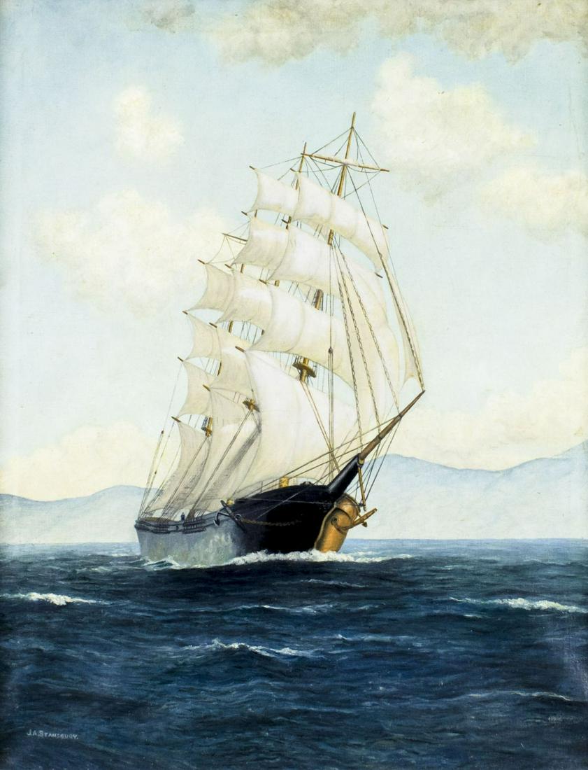 John Stansbury (MD,1892-1963) oil painting: ARTIST: John Alexander Stansbury (Maryland, 1892 - 1963) TITLE: Sail Ship MEDIUM: oil on canvas CONDITION: Overall good. No visible inpaint under UV light. ART SIZE: 30 x 24 inches / 76 x 60 cm FRAME