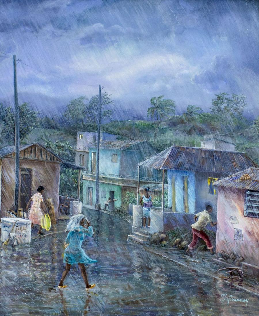 Felix Defournoy (Haiti,b 1952) oil painting vintage: ARTIST: Felix Defournoy (Haitian, born 1952) NAME: Haitian Village Scene MEDIUM: oil on canvas CONDITION: Very good. No visible inpaint under UV light. SIGHT SIZE: 24 x 20 inches / 60 x 50 cm FRAME SI
