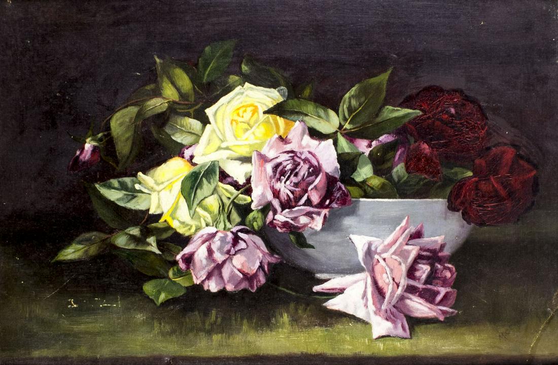 M C Churchin (US,19C) oil painting antique: ARTIST: M C Churchin (American, 19 century) NAME: Still Life with Roses YEAR: 1895 MEDIUM: oil on canvas. Canvas applied to board. CONDITION: Few minor scratches/paint losses. Crease line in lower rit