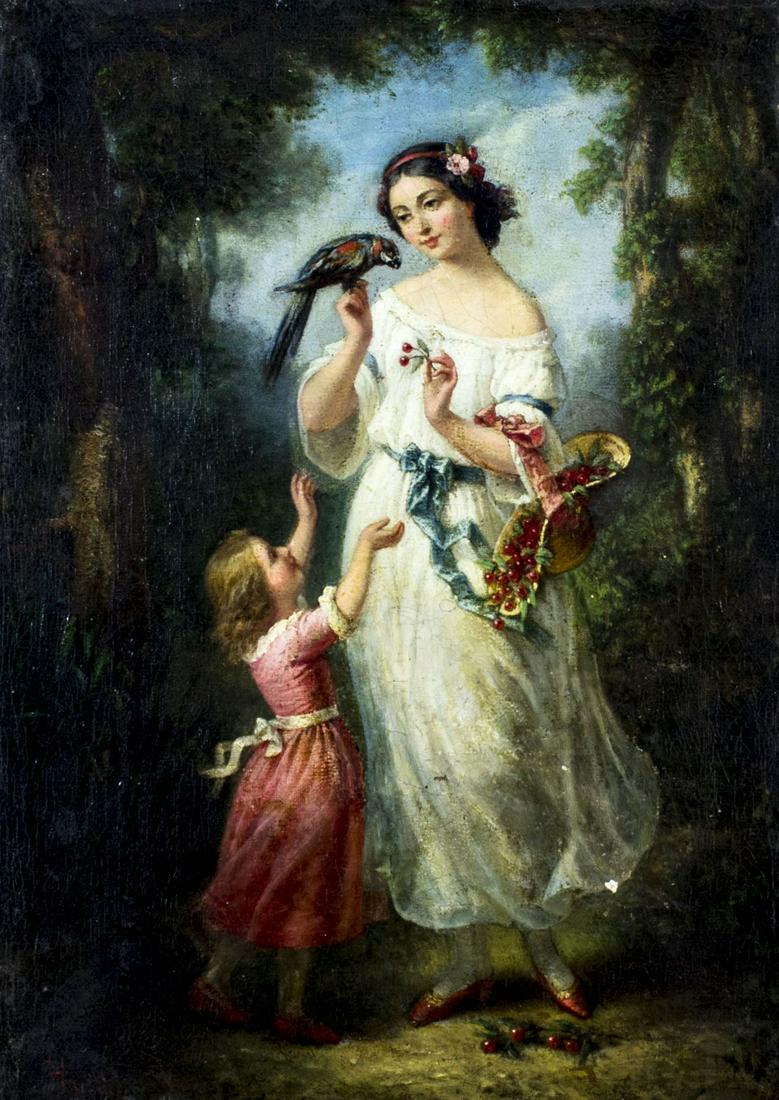 Halphen (Europe,19C) oil painting antique: ARTIST: Halphen (European, 19 century) TITLE: Lady with Girl and Parrot MEDIUM: oil on canvas CONDITION: Relined. Few small paint losses. Some craquelure. No visible inpaint under UV light. ART SIZE: 