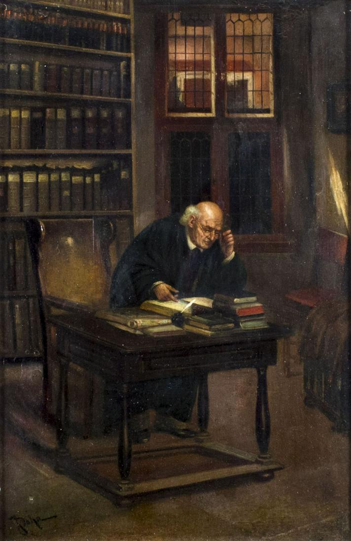 Dohn (Europe,19C) oil painting antique: ARTIST: Dohn (European, 19 century) TITLE: The Librarian (titled on label) MEDIUM: oil on board CONDITION: Very minor craquelure. Few small scattered inpaintings. No visible inpaint under UV light. Mi
