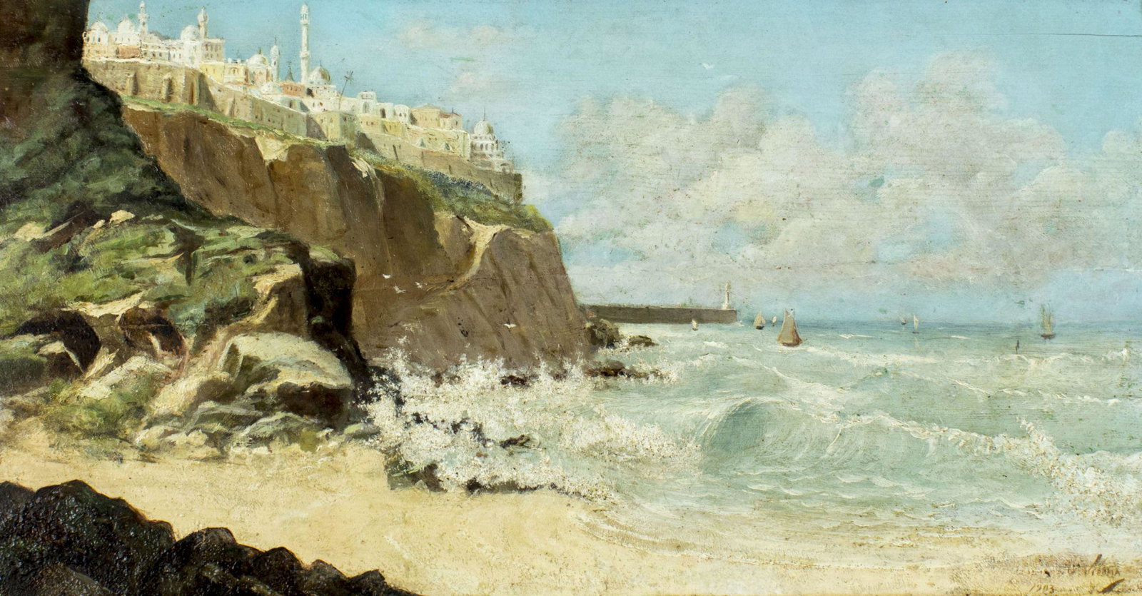 Rafael Latorre Viedma (Spain,1872-1960) oil painting antique: ARTIST: Rafael Latorre Viedma (Spanish, 1872 - 1960) NAME: Landscape of Cliffside City YEAR: 1903 MEDIUM: oil on board CONDITION: Board has horisontal crack with some inpainting over it. Some damages 