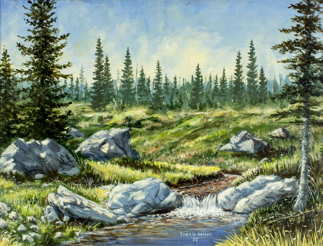 Evan G Nelson (US,20C) oil painting antique: ARTIST: Evan G Nelson (American, 20 century) NAME: Landscape YEAR: 1975 MEDIUM: oil on canvas board CONDITION: Very good. No visible inpaint under UV light. SIGHT SIZE: 18 x 24 inches / 45 x 60 cm FRA