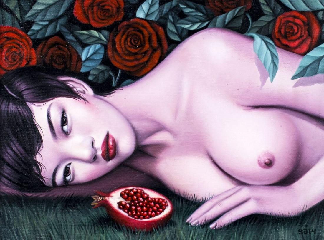 Sarah Joncas (Canada,b 1986) oil painting: ARTIST: Sarah Joncas (Canadian, born 1986) TITLE: Nude - Earthly Delights (titled on verso) YEAR: 2014 MEDIUM: oil on canvas CONDITION: Excellent. No visible inpaint under UV light. ART SIZE: 12 x 16 